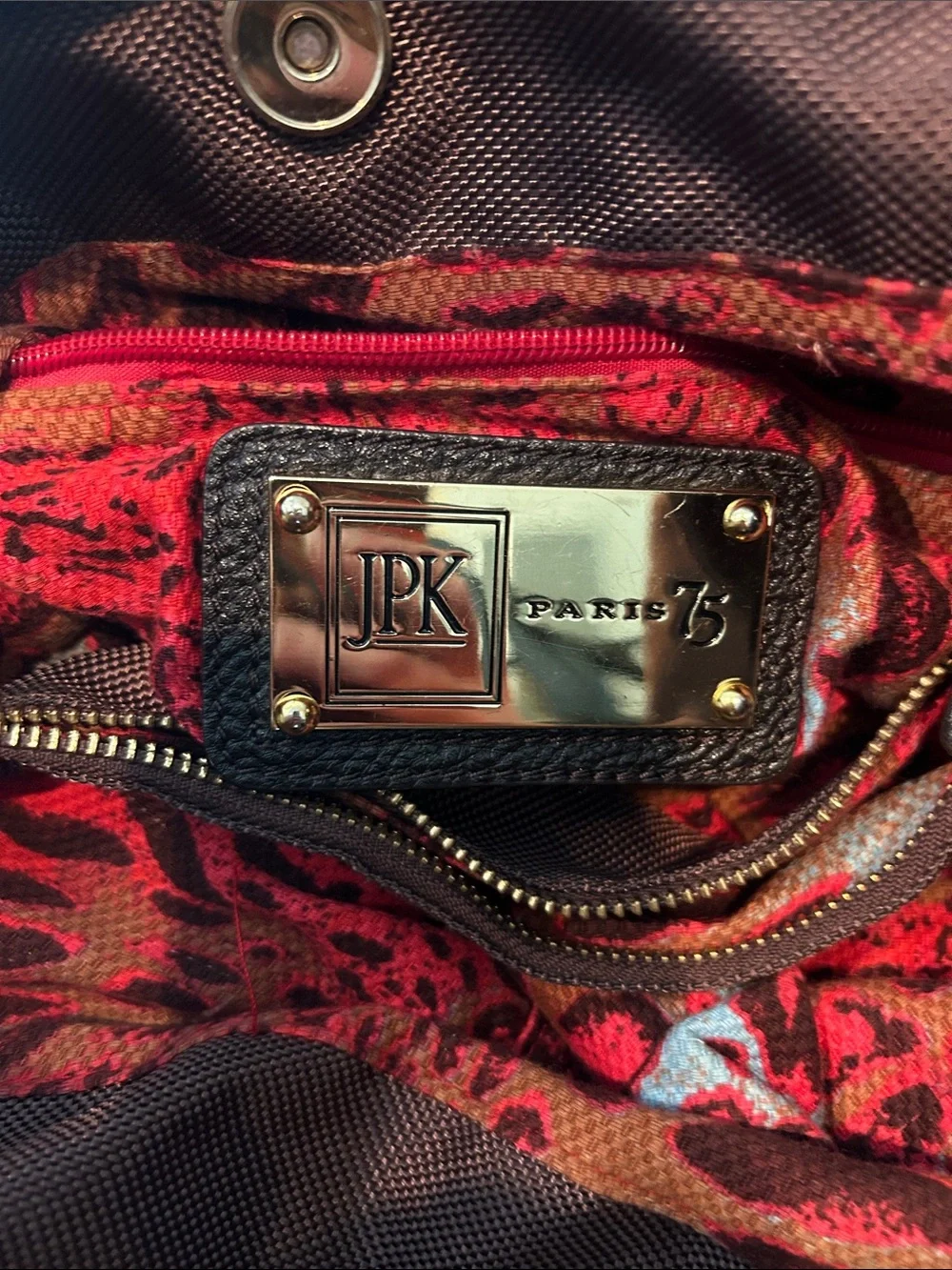 JPK Paris 75 Brown Nylon Red Graphic Printed Interior Handbag